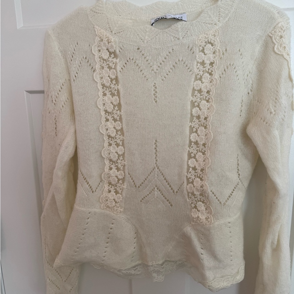 Zara Cream Lace-Trim Crew Neck Sweater